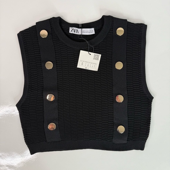 NEW ZARA S Black Sleeveless Crop Top Knit Vest Gold Button Accents Small NWT - Picture 2 of 15